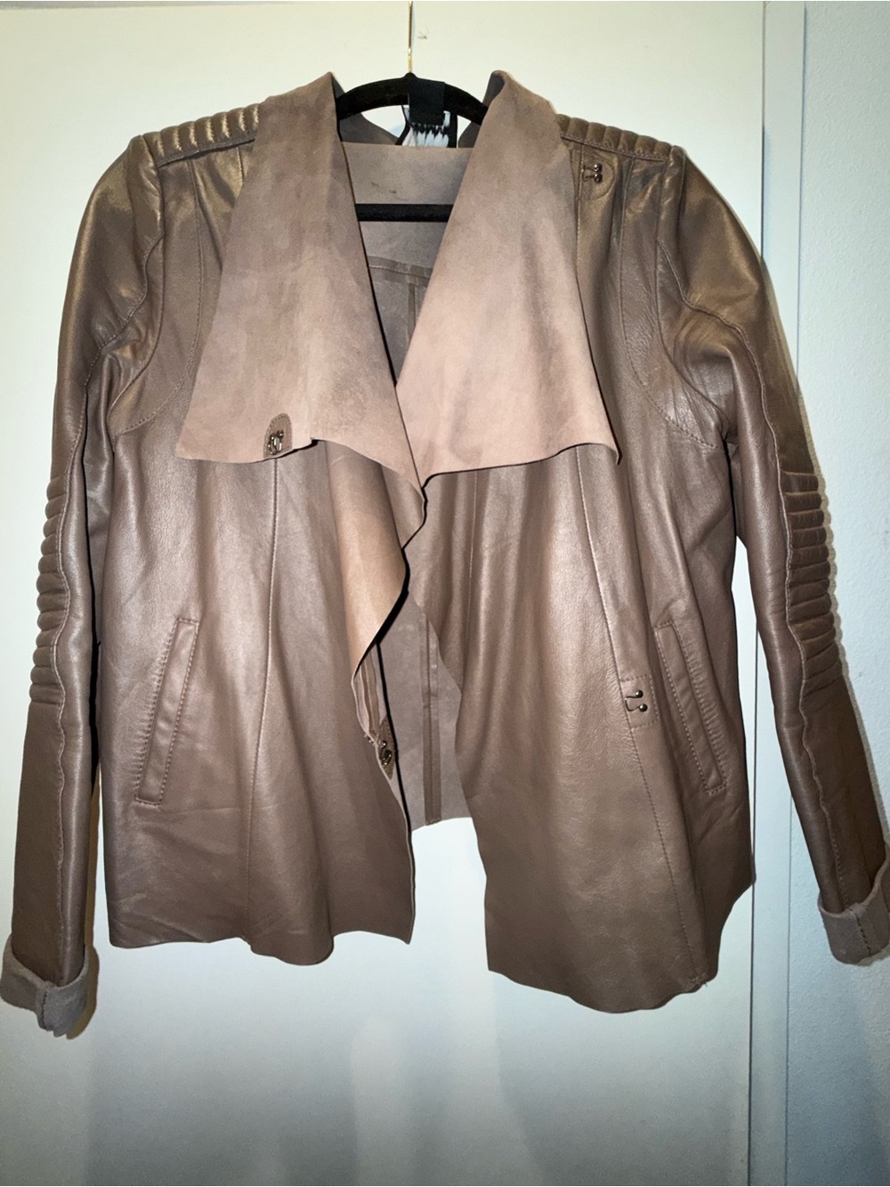 Women’s Trouvé Taupe Lightweight 100% Leather Draped Moto Jacket